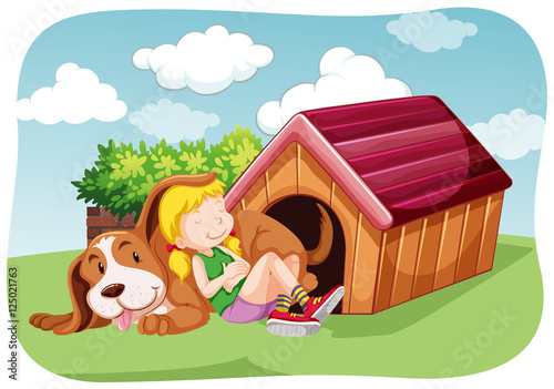 Girl and pet dog in the garden