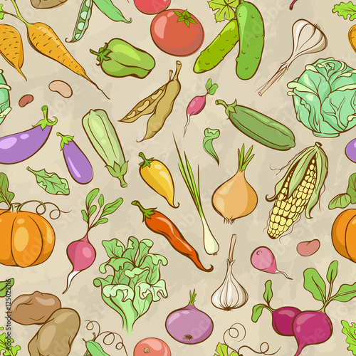 Fototapeta Naklejka Na Ścianę i Meble -  Vintage Cartoon Seamless Pattern with Colored Hand-drawn Contours of Vegetables