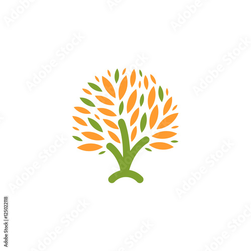 Isolated abstract green, orange color tree logo. Natural element logotype. Leaves and trunk icon. Park or forest sign. Environmental symbol. Vector tree illustration.