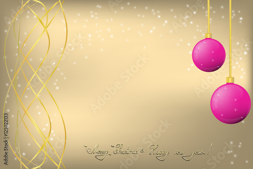 Golden Christmas and New Year Greeting card with piink Chrismas