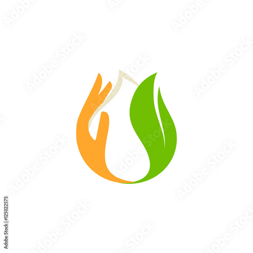 Isolated abstract white drop of milk in green fresh leaf and orange palm logo. Dairy products logotype. Sour cream or kefir icon. Organic products sign. Vector drop of milk illustration.