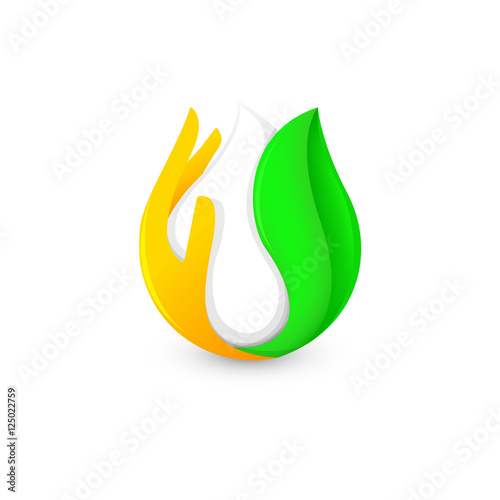 Isolated abstract white drop of milk in green fresh leaf and orange palm logo. Dairy products logotype. Sour cream or kefir icon. Organic products sign. Vector drop of milk illustration.