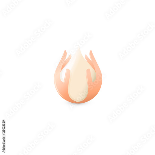 Isolated abstract white drop of milk in human hands logo. Dairy products logotype. Sour cream or kefir icon. Organic products sign. Vector soap and shower gel illustration.