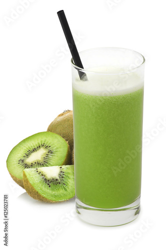 Group of sliced kiwi with kiwi juice on white background