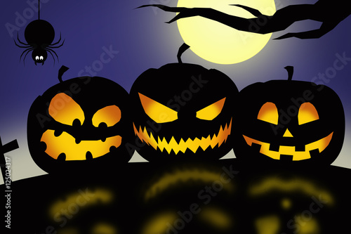 Halloween night : three lantern pumpkins in black silhouette on blue night sky