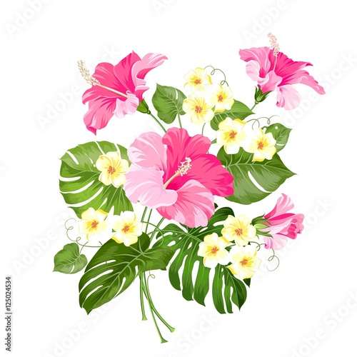 Happy holiday card with floral garland. Wedding garland set with tropical flowers for invitation card. Summer holiday invitation card with floral garland with text place. Vector illustration.
