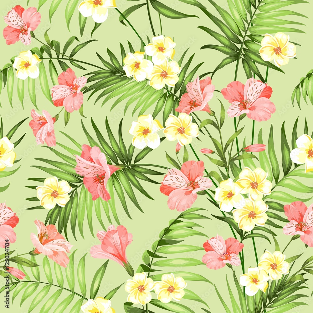 Seamless tropical flower. Tropical plumeria and green palm leaves. Light fabric swatch with pradise flowers isolated over white background. Blossom plumeria for seamless pattern background.