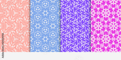 Abstract flower floral ornate seamless textures. patterns set. Linear geometric background.