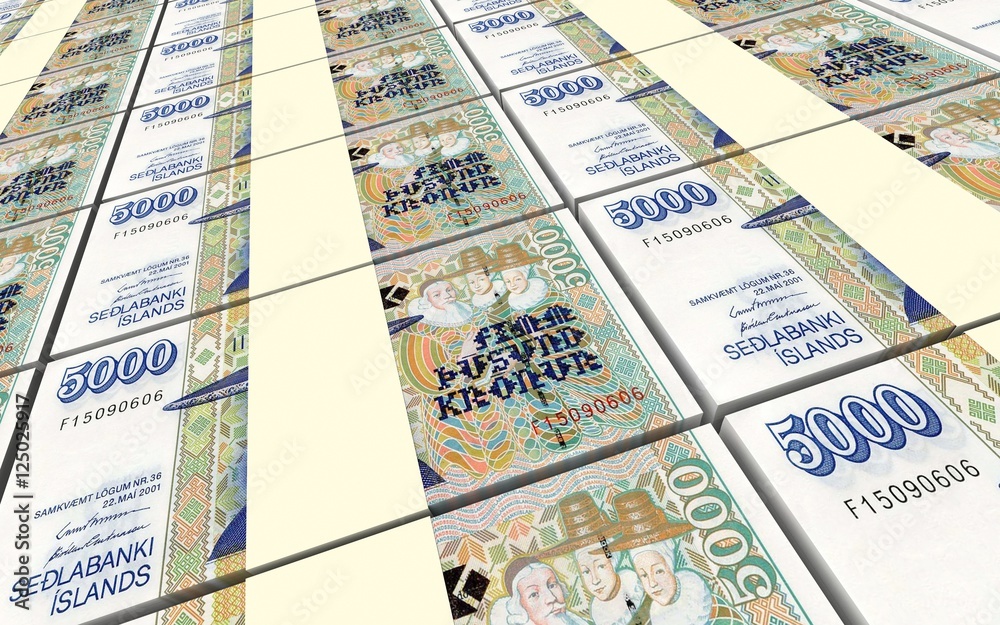 Icelandic krona bills stacks background. 3D illustration.
