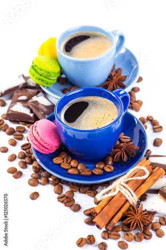 Coffee cup and beans on a white background.