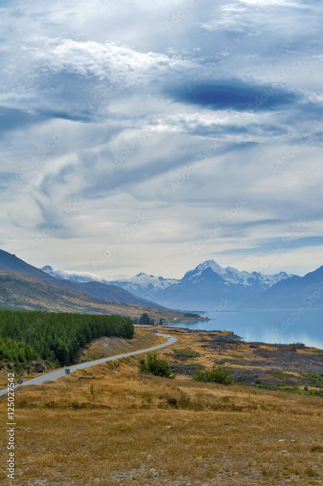 State Highway 80 or Mount Cook Road situated beside scenic Lake Pukaki leading to New Zealand's highest mountain Aoraki / Mount Cook