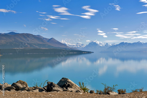 Lake Pukaki fed by the Tasman River, which has its source in the Tasman and Hooker Glaciers, close to Aoraki / Mount Cook in South Island of New Zealand