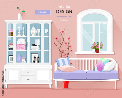 Stylish graphic room interior with pastel colors: sofa, cupboard and window. Cute room set. Vector illustration.