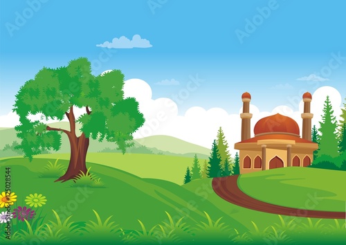 Islamic cartoons, with mosque and beautiful natural scenery