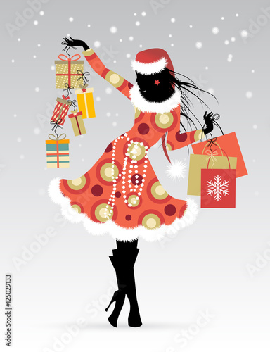 Christmas shopping. Vector of beautiful woman with santa dress and many gifts