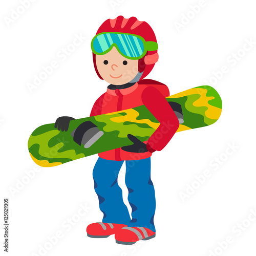 Kid child boy with snowboard winter sport jacket hat clothing snow vector graphic isolated and flat illustration