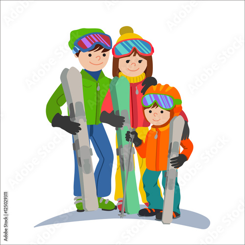 Family skiers vacations in the mountains. Illustration couple parents and child winter sport isolated white background flat style.