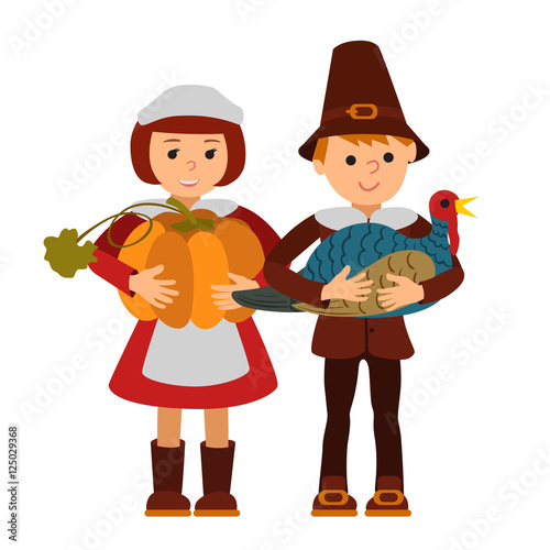 Thanksgiving day children apples and turkey vector illustration. Boy girl in traditional clothes template.