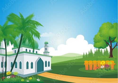Islamic cartoons, with mosque and beautiful natural scenery