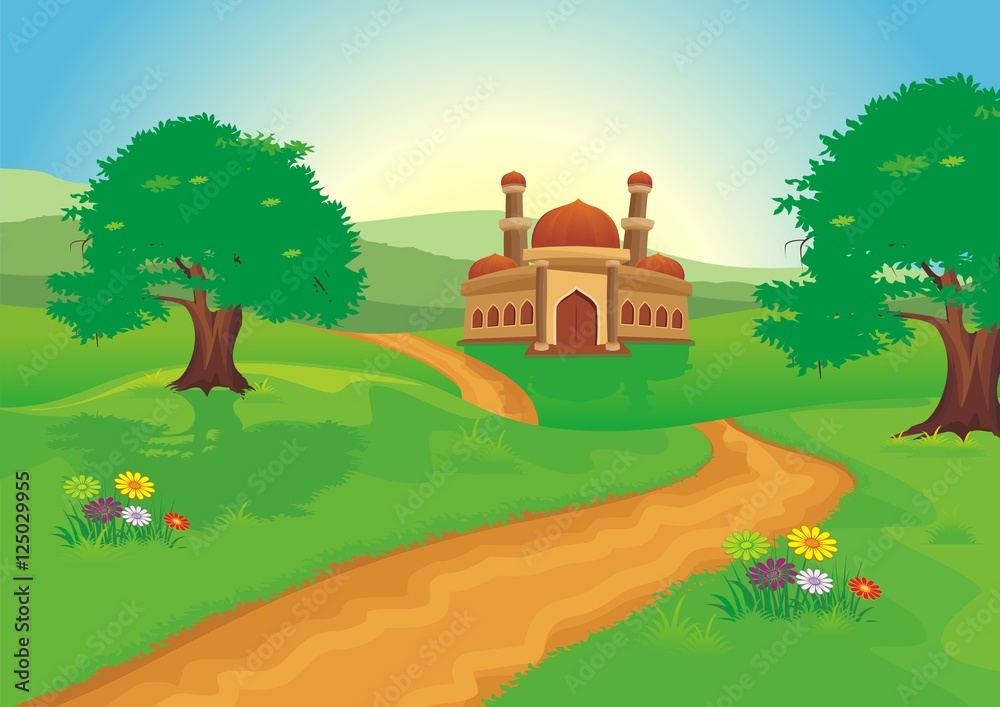 Naklejka premium Islamic cartoons, with mosque and beautiful natural scenery