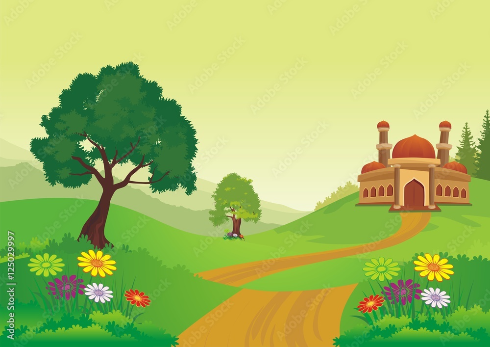 Islamic cartoons, with mosque and beautiful natural scenery Stock Vector |  Adobe Stock