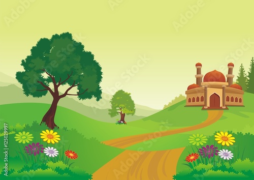 Islamic cartoons, with mosque and beautiful natural scenery