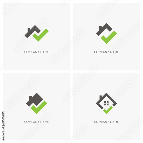 Real estate with check mark vector logo. Home with window and chimney on the roof, house with tick or checkmark symbol - realty icons.