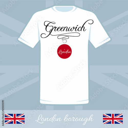 London city borough Greenwich vector t shirt design. One of 32 London areas name, creative print on white shirt with British flag illustration. Capital of Great Britain art