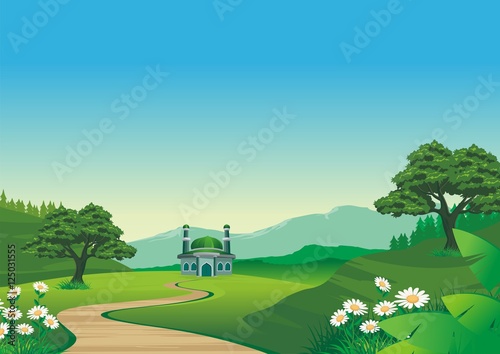 Islamic cartoons, with mosque and beautiful natural scenery