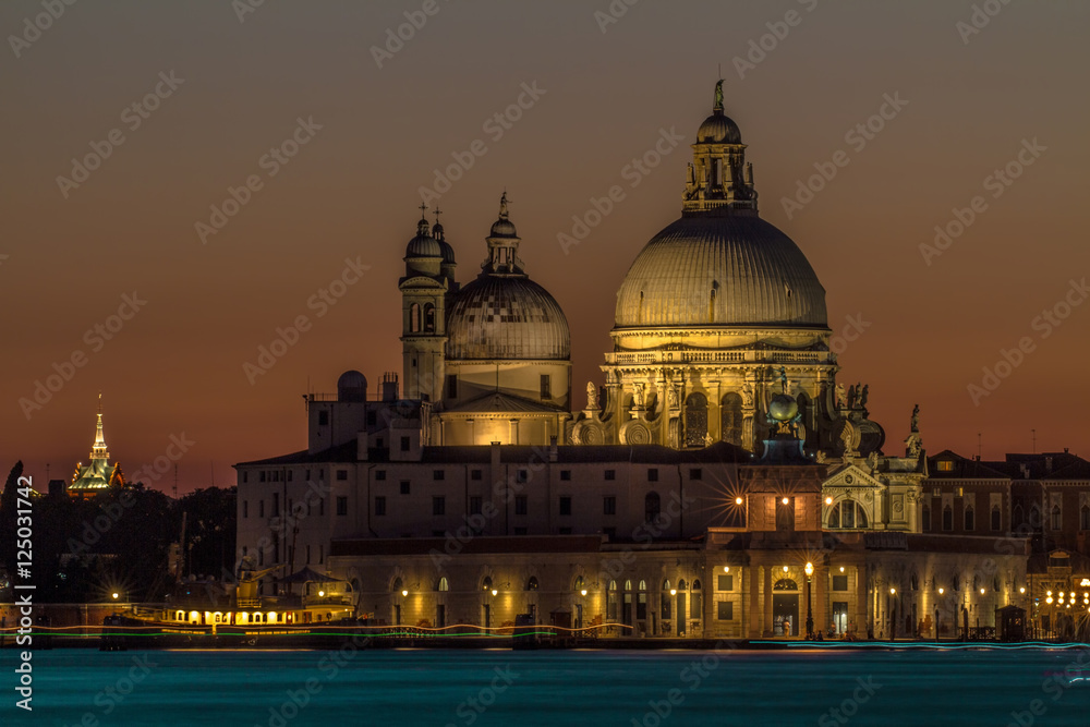 Italy beauty, cupolas of cathedral Santa Maria della Salute in the evening in Venice, Venezia