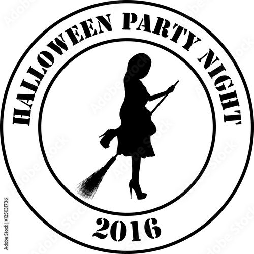 Silhouette of young beautiful girl on the broom. Fictional brand as emblem, sign or logo. Halloween party night