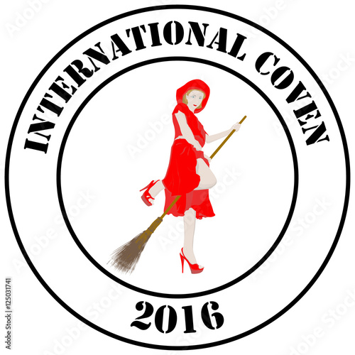 Young beautiful girl on the broom. Fictional brand as emblem, sign or logo. Vector illustration EPS10