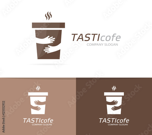 Vector coffee cup and hands logo combination. Cafe and embrace symbol or icon. Unique restaurant and coffeehouse logotype design template.