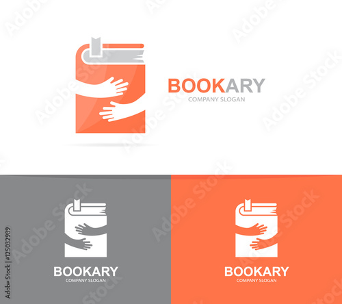 Vector book and hands logo combination. Novel and embrace symbol or icon. Unique bookstore and library logotype design template.