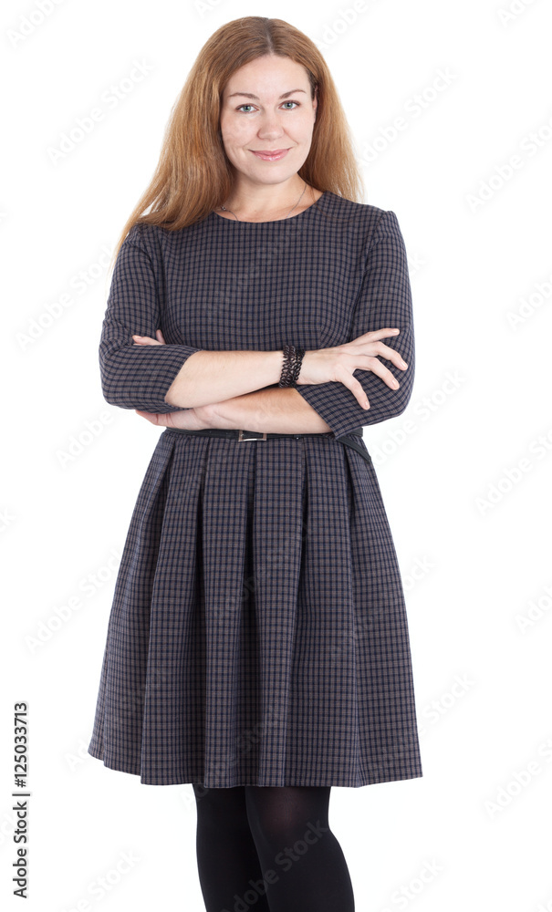 Fototapeta premium Portrait of a pretty Caucasian woman with arms folded, isolated on white background