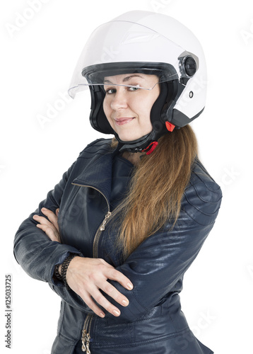 Attractive woman a motorcyclist with white urban helmet with opened shield system, isolated on white background