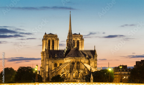 The Notre Dame cathedral in evening, Paris, France.