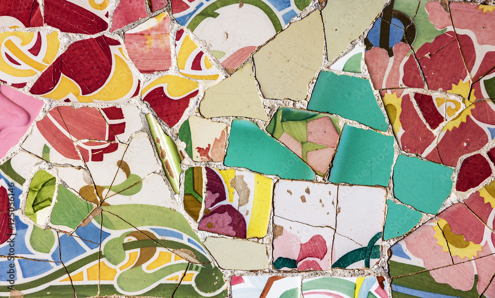 mosaic tile, decoration, broken glass, Park Guell, Barcelona, Spain. Designed by Gaudi mosaic tile, decoration, broken glass, Park Guell, Barcelona, Spain. Designed by Gaudi