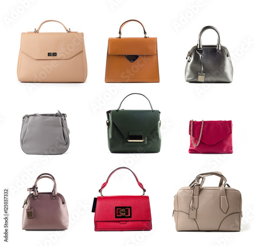 group of color leather women handbags isolated on white background