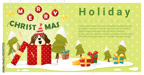 Merry Christmas Greeting background with dog inside gift box , vector , illustration