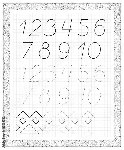 Black and white worksheet on a square paper with numbers. Developing children skills for writing and counting. Vector image.