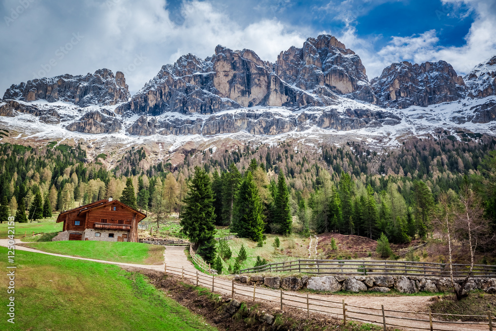 Beautiful view of the cottage in the Dolomites, Italy