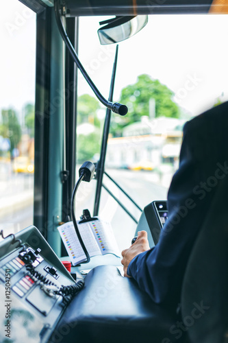 Inside a tram with driver dashboard and buttons