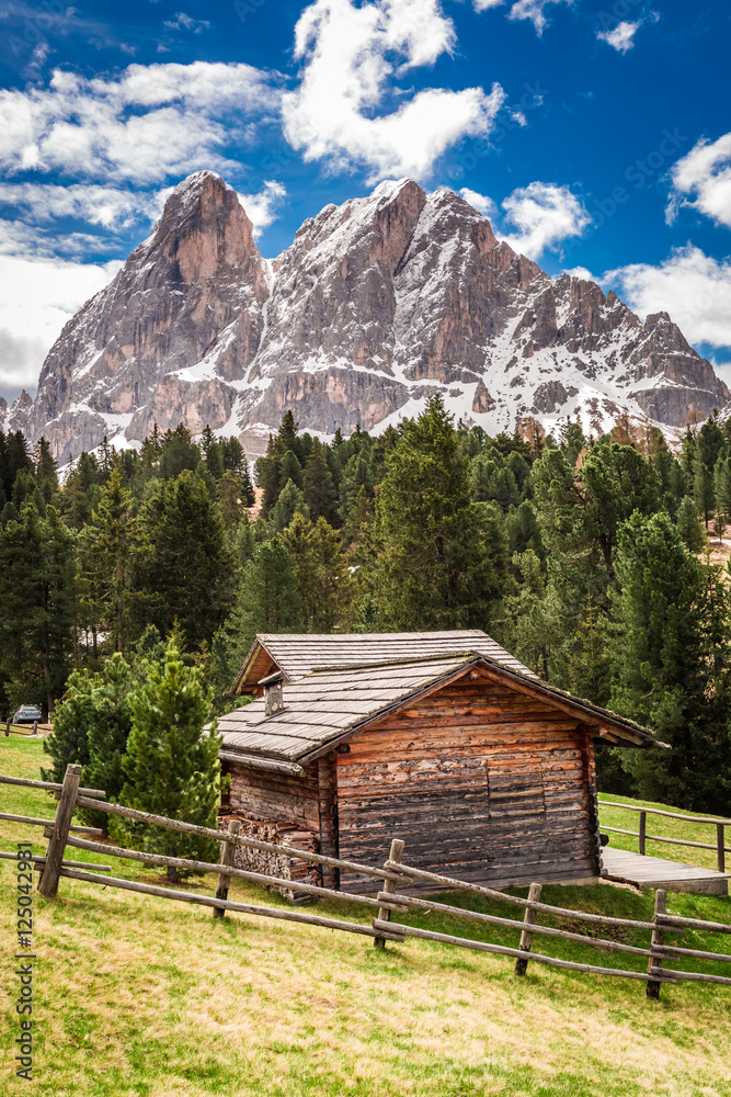Beautiful view of cottage in Dolomites, Italy
