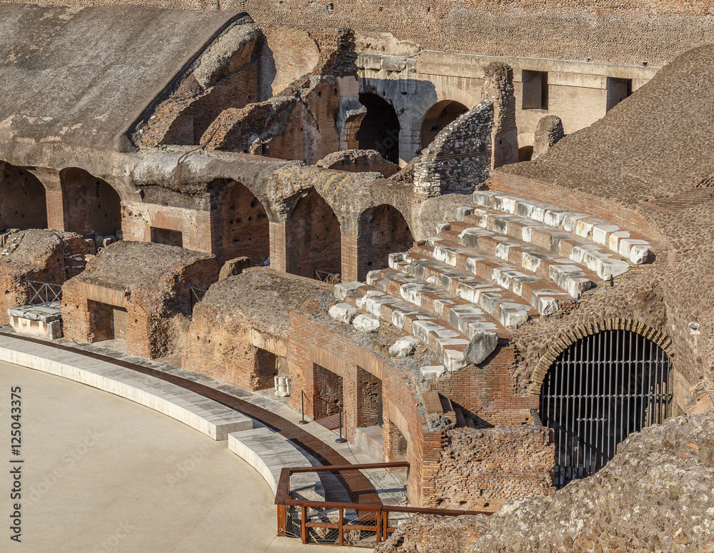 The Colosseum, an architectural monument in Rome, the fragment recovered seats