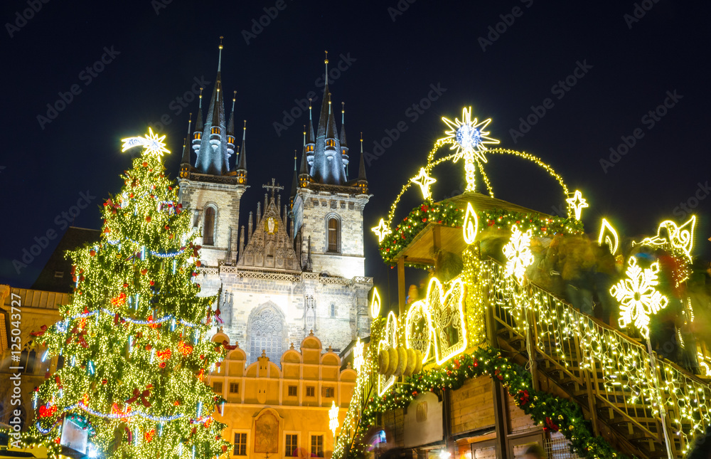 Christmas market in Prague at evening, Czech Republic