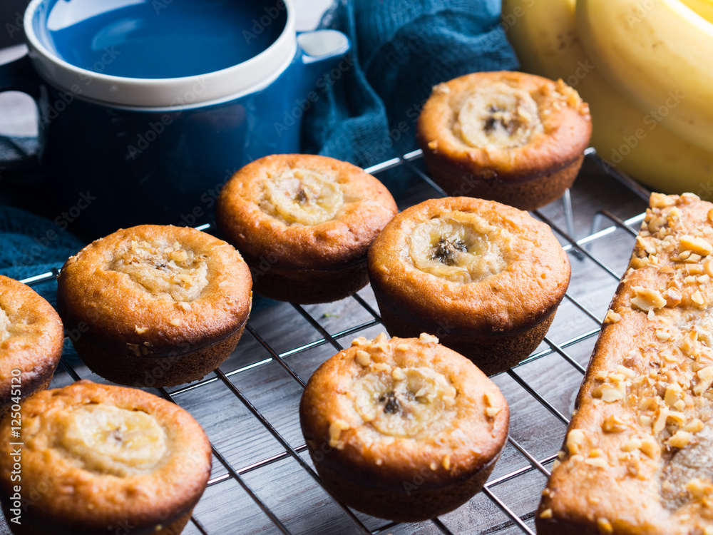 Tea with freshly baked banana muffins Tea with freshly baked banana muffins