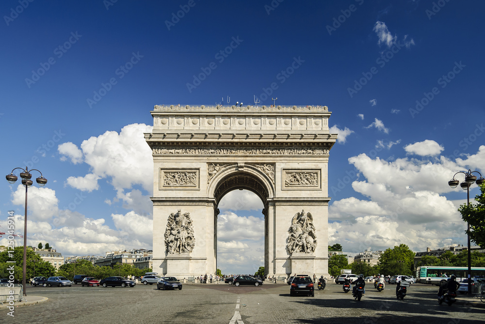 Arc de Triomphe against nice blue sky, Paris, France, Europe