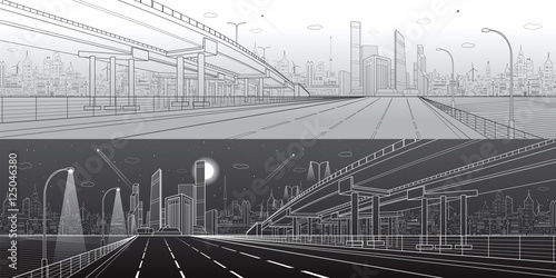 Automotive flyover, architectural and infrastructure panorama, transport overpass, highway. Business center, city, towers and skyscrapers, urban scene, black and white version, vector design art