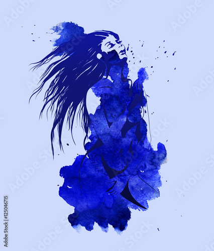 Nude women on the blue watercolor background. Stylized figure of the girl in an art line style as a template of T-shirt print or design. Vector illustration